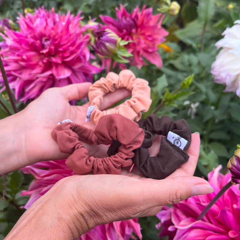 cotton / lycra scrunchies cut from scraps of all of our cute colours with dahlia backdrop