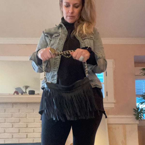 pleather, black fringe purse with woven, gold chain shoulder strap in black