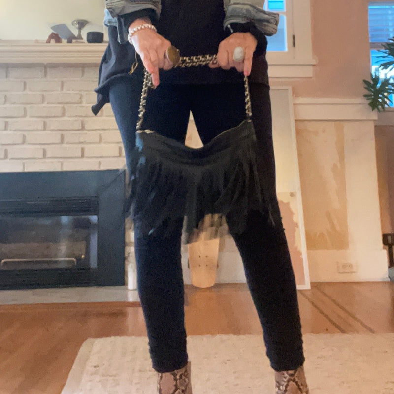 pleather, black fringe purse with woven, gold chain shoulder strap in black