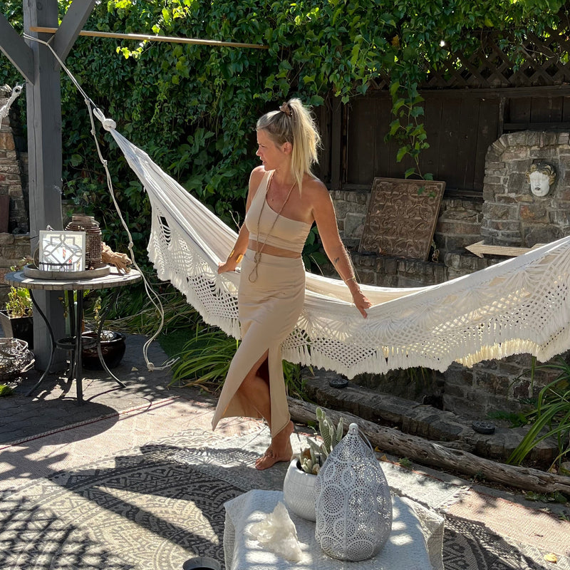 Temple skirt with Goddess crop top in Tahinin