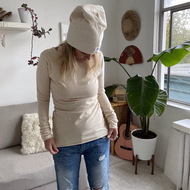 Fitted to your curves, long sleeve t in comfy Cotton lycra in cream with matching toque