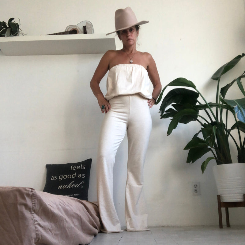 a cotton lycra onepiece outfit with bell bottoms & billowy top with tube top lining